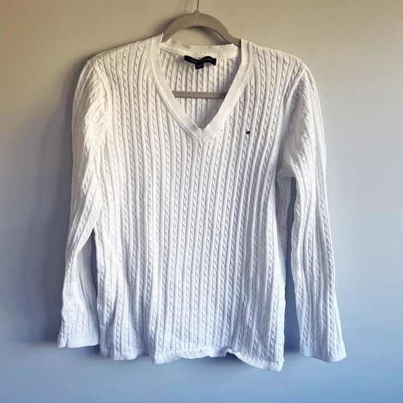 Tommy Hilfiger White Cable Knit Pullover Sweater V neck  size XL - Picture 4 of 8